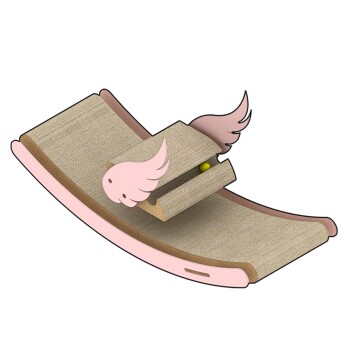 Ein verspielter Kratzbaum für Katzen in Form eines schaukelnden Bootes, mit rosa Vogelakzenten und einem gelben Ball in einem versteckten Fach.