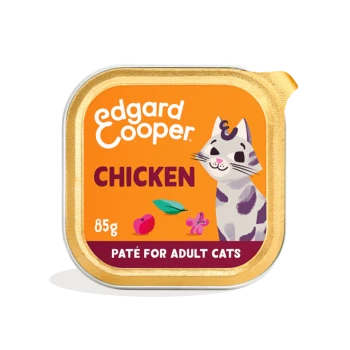 Edgard Cooper CHICKEN pâté for adult cats 85g tray, orange label with cartoon gray cat and gold foil rim