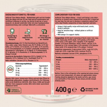 AniForte Pure Nature Menüs Ergänzungsfuttermittel für Hunde mit Zutaten, Fütterungsempfehlungen und Nährwertangaben in Deutsch und Englisch.