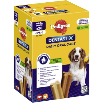Méga pack Pedigree Dentastix Daily Oral Care x28 pour chiens de 10-25 kg, réduit le tartre, soutient la santé des gencives, avec ingrédients naturels.