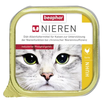 Beaphar-Haustierfutterverpackung mit einem gelb-weißen Design und einem Hühnersymbol, beschriftet mit 'Huhn'.