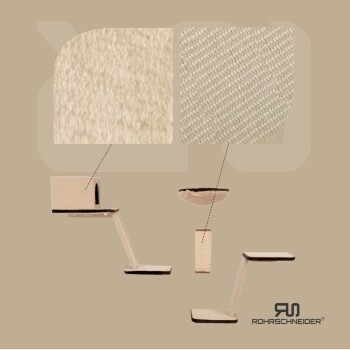 Modernes Katzenmöbel mit einem Kratzbaum, einer Hängematte und einer Plattform, plus Stoffmuster. Logo: ROHRSCHNEIDER®.