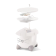 Un distributeur de nourriture pour animaux de compagnie en forme de chat blanc avec des pattes grises, présentant un dessus amovible et des compartiments pour le stockage des aliments.