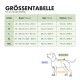 Größentabelle für das Hundegeschirr Modell OSKAR, die Maße für Brust, Hals und Rücken in Zentimetern und Zoll detailliert.