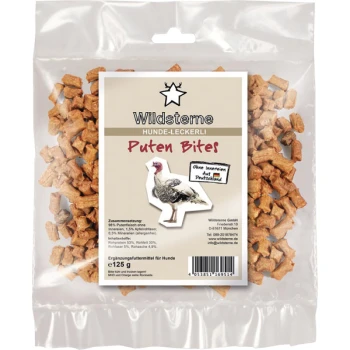 Klarsichtbeutel Wildsterne Hunde‑Leckerli 'Puten Bites', beigefarbenes Etikett mit Putenillustration und 'Ohne Innereien'.