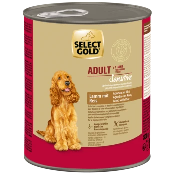 Dose Select Gold Adult Sensitive Hundefutter mit Lamm und Reis, mit Bild eines Golden Retrievers und glutenfreiem Label.
