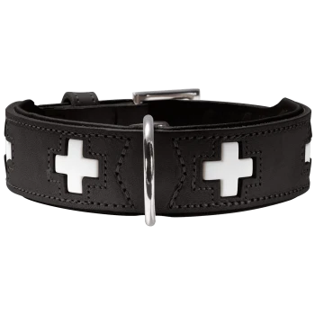 Schwarzes Leder-Haustierhalsband mit weißen Kreuzdesigns und einer silbernen Schnalle.