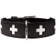 Schwarzes Leder-Haustierhalsband mit weißen Kreuzdesigns und einer silbernen Schnalle.