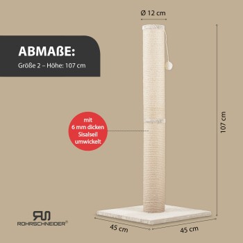 Katzenkratzbaum, 107 cm hoch, 45x45 cm Grundfläche, umwickelt mit 6 mm dickem Sisalseil, Durchmesser 12 cm.