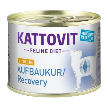 Boîte de nourriture pour chats Kattovit Feline Diet Recovery, avec un logo violet, "mit Huhn" (avec du poulet), et un graphique d'un chat.