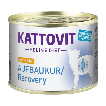 Boîte de nourriture pour chats Kattovit Feline Diet Recovery, avec un logo violet, "mit Huhn" (avec du poulet), et un graphique d'un chat.