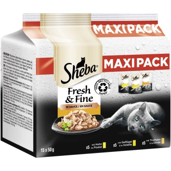 Sheba Fresh & Fine Katzenfutter Maxi-Pack, das 15 x 50g Portionen in Sauce enthält, mit Bildern von Huhn und Truthahn sowie einer grauen Katze.