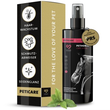 Schwarze Sprühflasche mit der Aufschrift "PETHORSE CARE 2004" und einem Pferdebild, mit einem Abzeichen für Wirksamkeit und Text zu den Vorteilen.