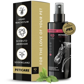 Schwarze Sprühflasche mit der Aufschrift "PETHORSE CARE 2004" und einem Pferdebild, mit einem Abzeichen für Wirksamkeit und Text zu den Vorteilen.