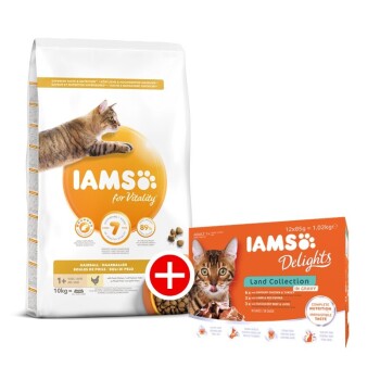 Iams Vitality Adult Hairball Huhn 10kg + GRATIS Iams Delights Adult 12x85g Land Collection in Sauce