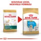Deux sacs de nourriture pour chiens Royal Canin étiquetés "Junior Golden Retriever" et "Puppy Golden Retriever," avec "NOUVEAU LOOK, NOUVELLE FORMULE" au-dessus.