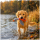 golden retriever pataugeant dans un lac tenant un jouet en peluche canard orange avec une petite étiquette en tissu, bord de lac en automne en arrière-plan