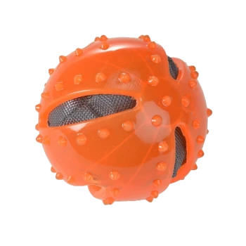 Bright orange spiky dog toy ball with mesh center, designed for play and chewing.