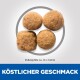 Vier runde Haustierfutterpellets auf hellem Hintergrund, etwa 14 x 14 mm groß, mit dem Text "KÖSTLICHER GESCHMACK" darunter.