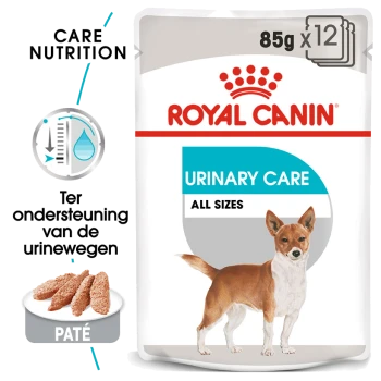 Royal Canin Urinary Care hondenvoer, 85g x 12 verpakkingen, met een hondenillustratie en tekst in het Nederlands over urineondersteuning.