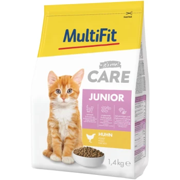 Eine Tüte MultiFit Katzenfutter mit einem süßen orangefarbenen Kätzchen, beschriftet mit "CARE JUNIOR" und "Huhn" mit einer Schüssel Trockenfutter.