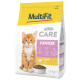 Eine Tüte MultiFit Katzenfutter mit einem süßen orangefarbenen Kätzchen, beschriftet mit "CARE JUNIOR" und "Huhn" mit einer Schüssel Trockenfutter.