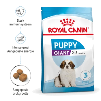 Royal Canin Puppy Giant hondenvoerzak voor puppy's van 2-8 maanden, met een St. Bernard en informatie over immuunondersteuning en energie.