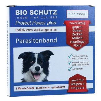 Blaue BIO SCHUTZ 'Protect Power plus' Verpackung für ein Hunde-Parasitenband mit einem Border Collie; sichtbarer Text: Parasitenband, Für Hunde, 5 Monate Schutz.