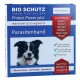 Blaue BIO SCHUTZ 'Protect Power plus' Verpackung für ein Hunde-Parasitenband mit einem Border Collie; sichtbarer Text: Parasitenband, Für Hunde, 5 Monate Schutz.