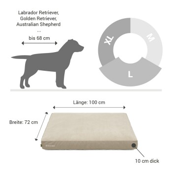 Abmessungen des Hundebetts: 100 cm Länge, 72 cm Breite, 10 cm dick; geeignet für Rassen wie Labrador Retriever und Australian Shepherd.