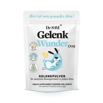 Dr. SAM Gelenk Wunder Hundegesundheitszusatzpulver für Gelenke, mit einer verspielten Hundillustration, mit Text in Deutsch, der optimale Mobilität fördert.