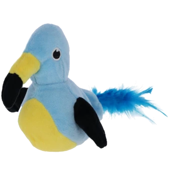 Blau-gelbes Plüschvogelspielzeug mit schwarzen Flügeln und einem gefiederten blauen Schwanz auf weißem Hintergrund.