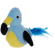 Blau-gelbes Plüschvogelspielzeug mit schwarzen Flügeln und einem gefiederten blauen Schwanz auf weißem Hintergrund.
