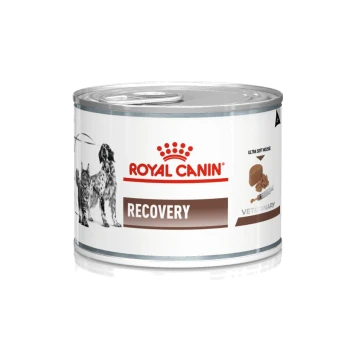 Royal Canin Recovery veterinär Dosenfutter für Hunde, mit einem weißen Etikett mit einem Kronenlogo und Bildern eines Hundes und einer Katze.