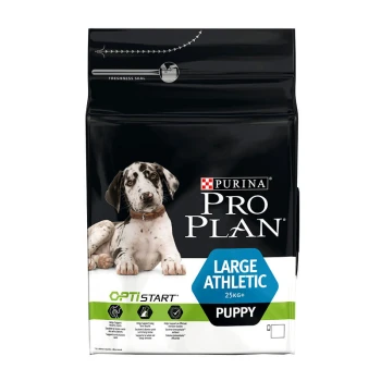 Sac de nourriture pour chiots Purina Pro Plan présentant un grand chien athlétique, étiqueté 'Large Athletic 25KG+' et 'OPTISTART.'