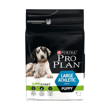 Sac de nourriture pour chiots Purina Pro Plan présentant un grand chien athlétique, étiqueté 'Large Athletic 25KG+' et 'OPTISTART.'