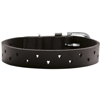 Schwarzes Leder-Haustierhalsband mit herzförmigen Ausschnitten und einer silbernen Schnalle.