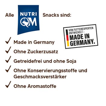 Nutri QM-Logo und 'Made in Germany'-Stempel; deutsche Checkliste: kein zugesetzter Zucker, getreide-/sojafrei, keine Konservierungsstoffe.