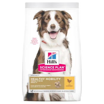Hill's Science Plan Hundefutterbeutel mit einem braun-weißen Hund auf der Vorderseite, beschriftet mit 'Gesunde Mobilität' für erwachsene Hunde, mit Huhn.