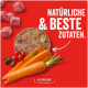 Nassfutter-Pâté mit Karotten und rohen Fleischwürfeln auf rotem Hintergrund; Text „NATÜRLICHE & BESTE ZUTATEN.“ und „FLEISCHESLUST“.