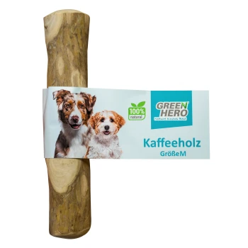Kaffeeholz Kaustange M Natürlicher Hundekauspielzeug aus Kaffeewood, auf Deutsch als "Kaffeholz" beschriftet, mit "100% natürlich" und "GREEN HERO" Branding.