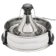 Edelstahl-Haustier-Wasserbrunnen mit konischem Design, mit fließendem Wasser und einem schwarzen Deckel mit Durchflusskontrolle.