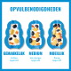 Drie blauwe hondvormige traktatiemallen met snacks. Tekst: 'OPVULBENODIGDHEDEN'; 'GEMAKKELIJK, MEDIUM, MOEILIJK'; Nederlandse ondertitels