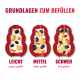 Drei rote knochenförmige Leckerli‑Formen mit Füllungen und deutschem Text 'GRUNDLAGEN ZUM BEFÜLLEN' und Beschriftungen 'LEICHT, MITTEL, SCHWER'.