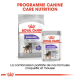 Emballage de nourriture pour chiens Royal Canin présentant des formules "Stérilisées" pour mini et toutes tailles, promouvant le maintien du poids et une nutrition équilibrée.