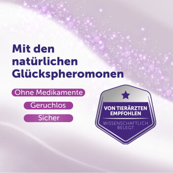 Werbung für Haustierprodukt über natürliche 'Glückspheromone' — Text: ohne Medikamente, geruchlos, sicher; Abzeichen: Von Tierärzten empfohlen.