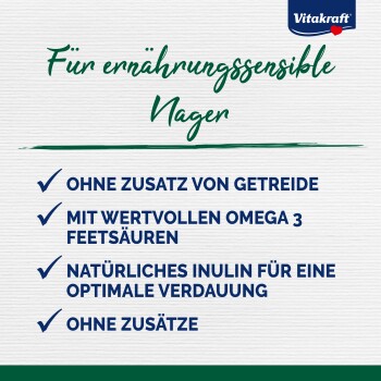 Vitakraft-Anzeige für empfindliche Nagetiere: getreidefrei, Omega-3-Fettsäuren, natürliches Inulin für die Verdauung, keine Zusatzstoffe.