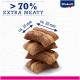 Stapel von fleischigen Hundeleckerlis mit einem Etikett, das "> 70% EXTRA MEATY" angibt, und Größenindikatoren, die Abmessungen von etwa 15 mm und 25 mm zeigen.