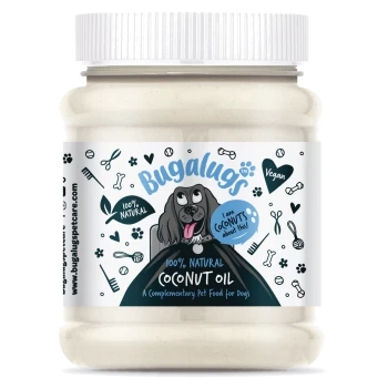 Glas Bugalugs 100 % natürliches Kokosöl als Ergänzungsfuttermittel für Hunde, mit Cartoon-Hund und veganem Label.