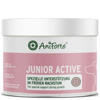 Behälter von AniForte Junior Active, einem natürlichen Ergänzungsmittel für junge Hunde, mit pinkem Etikett, das "Für besondere Unterstützung während des Wachstums" besagt.
